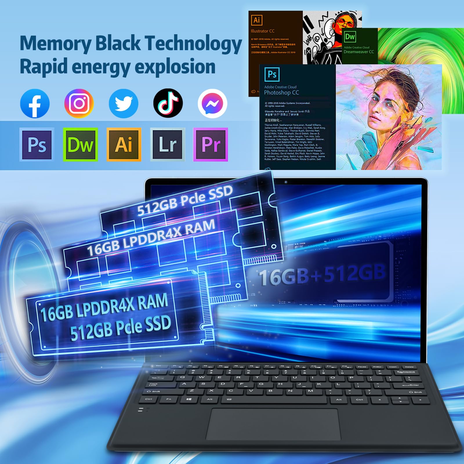 Ordinateur Portable 2 en 1, Ordinateur Portable 16GO Ram 512Go SSD